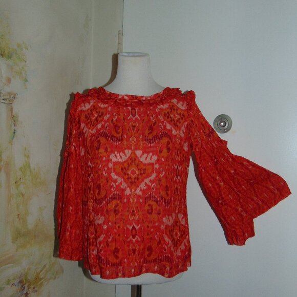 Tory Burch Tops - Tory Burch Womens Silk Long Sleeve Ruffle Neck Blouse Top Boho Orange Red Size 6